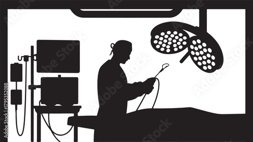 Silhouette of surgeon with laparoscopic instruments in operating room surgery medical
