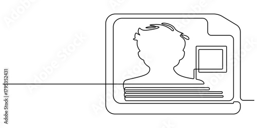  Simple icon profile card with a person silhouette and a checkmark continuous one line drawing
