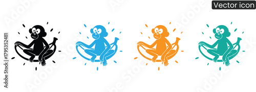 Charming monkey icons in multiple bright colors, each playfully perched on a banana, perfect for adding a touch of fun and energy to any design.