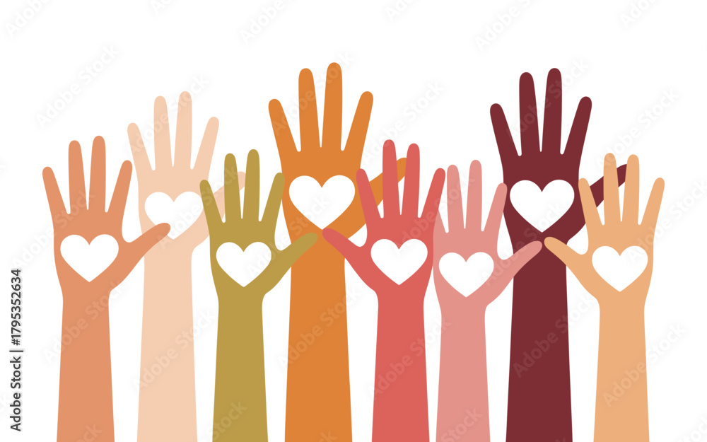 Fototapeta premium Diverse hands raised with heart symbols, representing unity, support, and community care