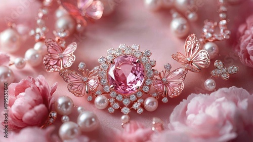Sparkling Rose Gold Butterfly Necklace with Pink Gemstone, Diamonds, and Pearls on Soft Pink Fabric
