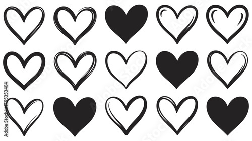 A Collection of Hand-Drawn Heart Shapes in Black and White
