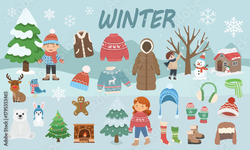 Winter vector set in cartoon flat style. Including  little boy and girl, sweater, coat, house, tree, animal, hat, scarves, mitten. Hello winter element cliparts.