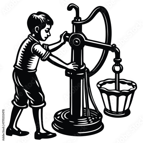 Boy Pumping Water Well Silhouette Vintage Style Black and White Illustration on White Background