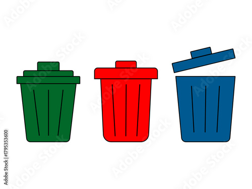 Three colorful trash cans, green, red and blue, symbolizing waste management and recycling efforts