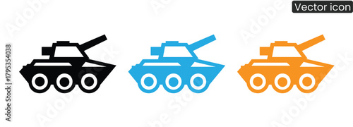 Striking minimalist tank icons in three distinct colors offer versatile design options for military, gaming, or defense projects, conveying power and action.