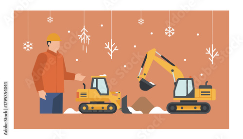 Construction worker with excavator and bulldozer handles winter work ground clearance or seasonal building
