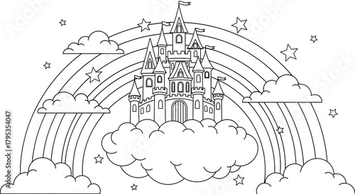 A majestic castle floats among clouds and rainbow