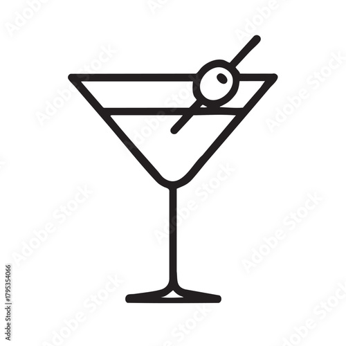 A simple black and white line drawing depicts a martini glass with an olive and toothpick