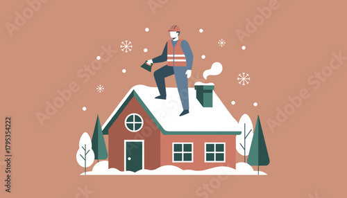 Contractor stands on a snowcovered roof Winter home repair and maintenance service concept