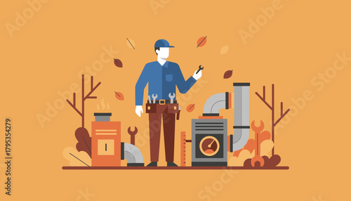 HVAC technician repairing heating system in autumn Boiler maintenance service illustration