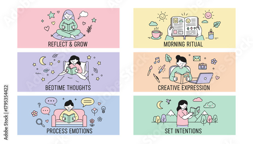 Set of cute illustrations showing personal growth selfcare reflection and daily journaling rituals