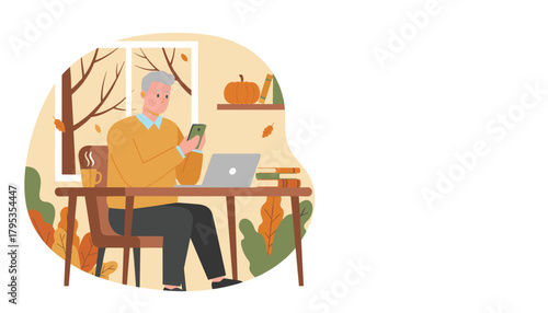 Senior man using smartphone and laptop at home office during cozy autumn illustration