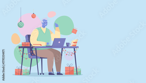 Elderly man uses laptop for work or shopping during Christmas holiday with gifts and festive decor