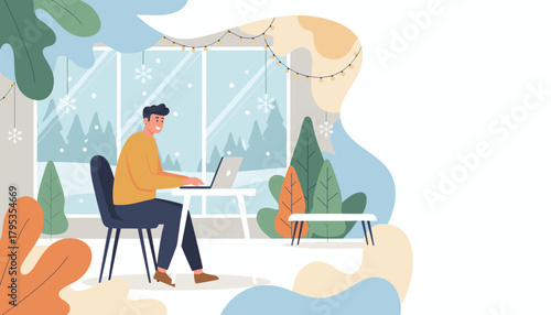 Happy man working remotely on a laptop in a cozy home office decorated for winter holidays