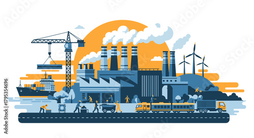 Factory production logistics and renewable energy illustration Industrial complex and workers