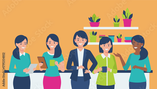 Diverse professional women smiling and collaborating in a modern office break area