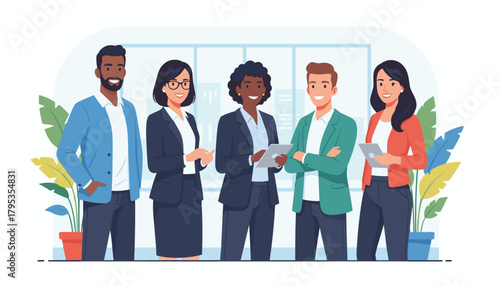 Diverse business professionals smiling confidently Teamwork and corporate success concept illustration