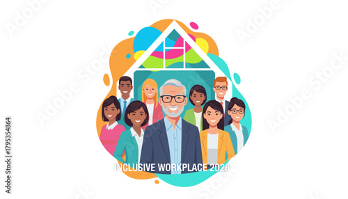 Inclusive workplace 2026 Diverse business team smiling under a shelter symbol
