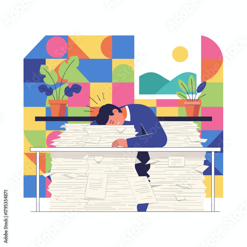 Tired worker buried in a mountain of paperwork Stress burnout and excessive work illustration