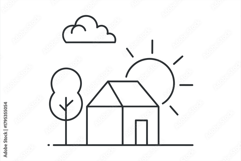 Fototapeta premium Simple Home and Sunny Nature Outline
