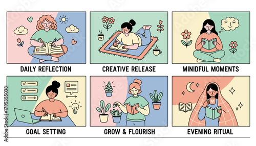 Selfcare and wellness routine concept featuring women journaling reading and setting goals