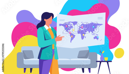 Woman pointing at a 2026 world map planning global travel or business expansion strategy