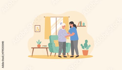 Caregiver supports happy senior woman at home Professional elder assistance and compassionate health service