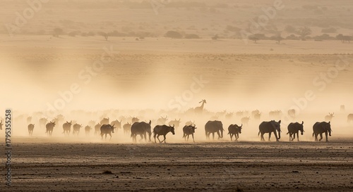 A large herd of wild animals journeys across an expansive, sun-drenched plain, dust rising as they follow ancient paths ,environment ,natural ,survival