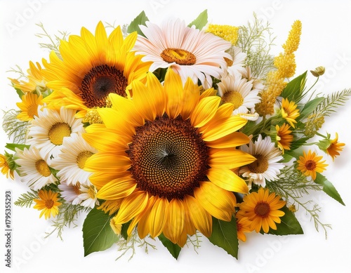 bright bouquet with sunflowers and daisies on a white isolate background
