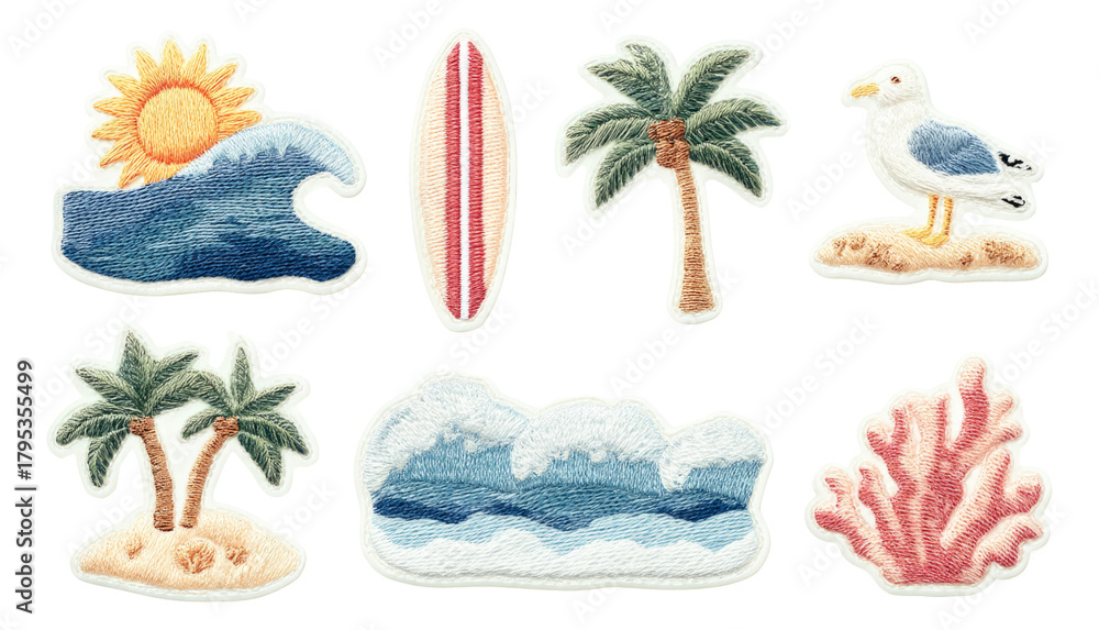 Naklejka premium Colorful Surf and Sea Inspired Stickers Featuring Palm Trees and Waves