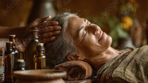 An elderly woman with gray hair enjoys a relaxing head massage. Essential oils and herbal bottles are placed nearby, creating a serene atmosphere.
