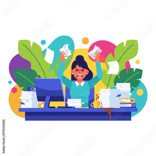 Overwhelmed businesswoman shouting at desk frustrated by excessive paperwork and office stress