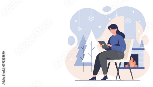 Cozy winter remote work Woman uses a tablet by a warm fireplace