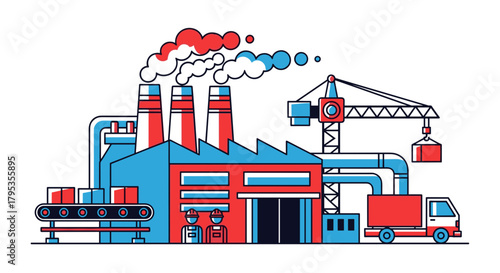 Manufacturing factory illustration production logistics workers crane and delivery truck