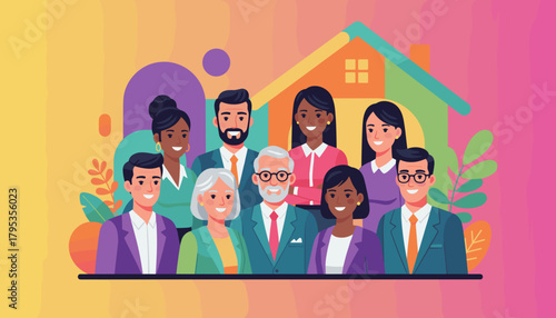 Diverse group of business people smiling in front of a home Real estate finance community team