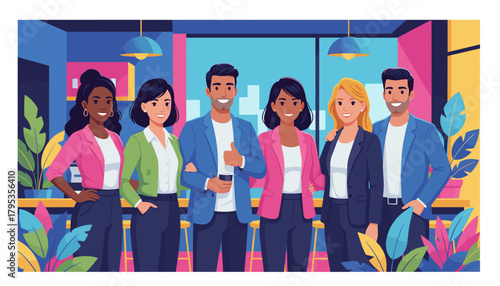 Diverse business team smiling in a vibrant modern office Teamwork collaboration and success