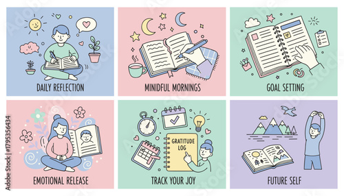 Mental wellness and selfcare routine vector set journaling reflection gratitude and goal setting
