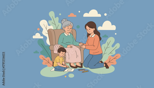 Generations bonding young boy draws while woman holds grandmothers hand in comfort