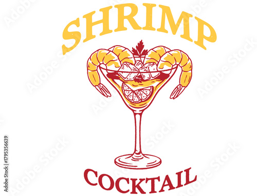 Retro logo for Shrimp Cocktail. Two large shrimp hanging on a cocktail glass with sauce, lemon, and ice. Food, seafood, vintage design.