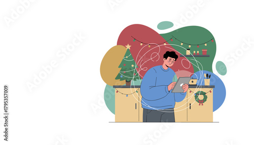 Man using tablet stressed by tangled lines and anxiety during the busy holiday season