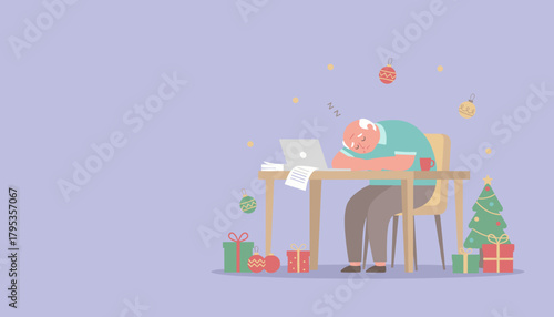 Burnout Senior man sleeping while working on a laptop surrounded by festive Christmas elements