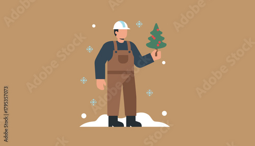 Worker holding a Christmas tree in hard hat and overalls during winter holidays