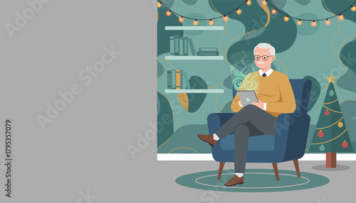 Senior man relaxing with a tablet by the Christmas tree enjoying modern retirement