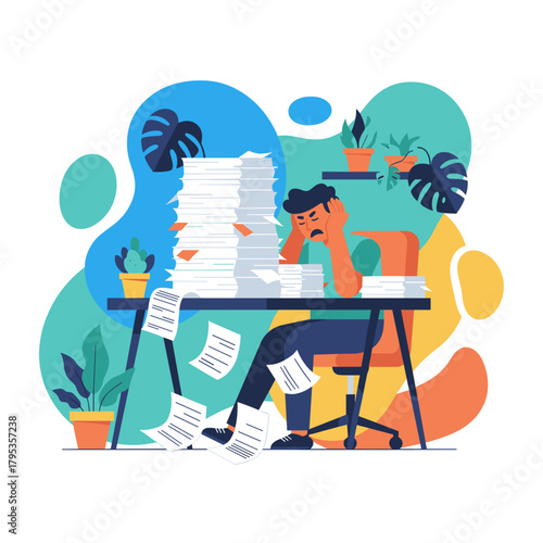 Exhausted employee dealing with massive paperwork and stress at the office desk