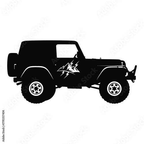 Bold black silhouette of a rugged off road vehicle with mountain and lightning bolt emblem, ready for adventure and exploration.