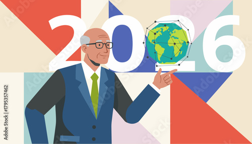Senior executive points to a networked globe with 2026 background illustrating global business strategy