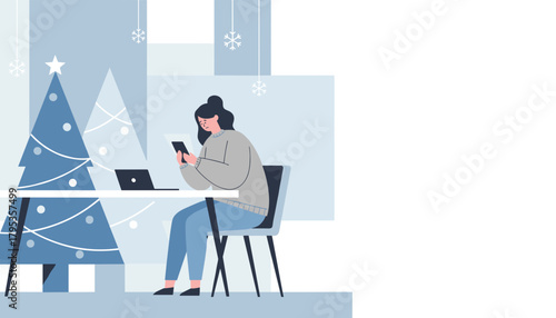 Holiday stress Woman working remotely with laptop by Christmas trees Isolated winter work