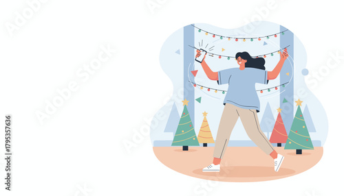 Happy woman decorating with colorful Christmas lights controlling them using a smartphone application