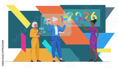 Diverse business team plans 2026 strategy using futuristic interactive data displays